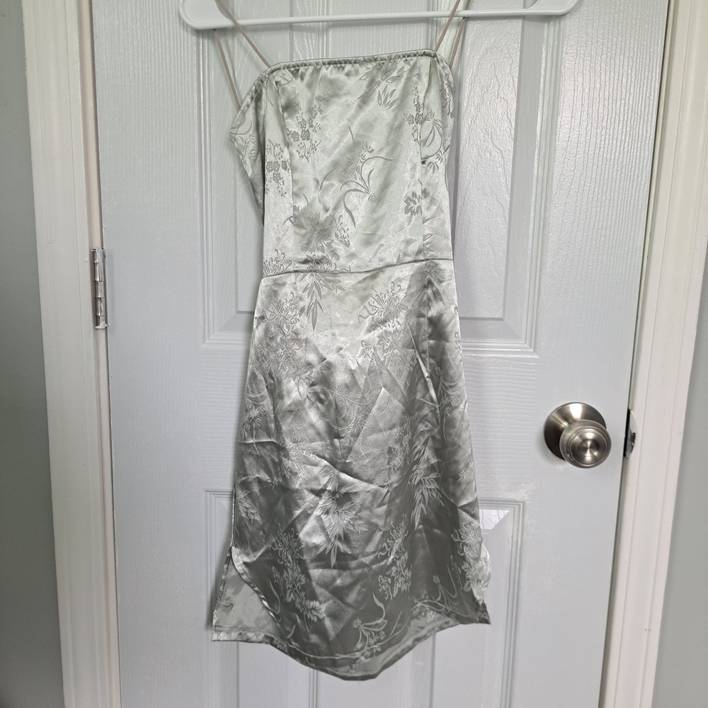 PrettyLittleThing Silver Floral Satin Slip Dress
